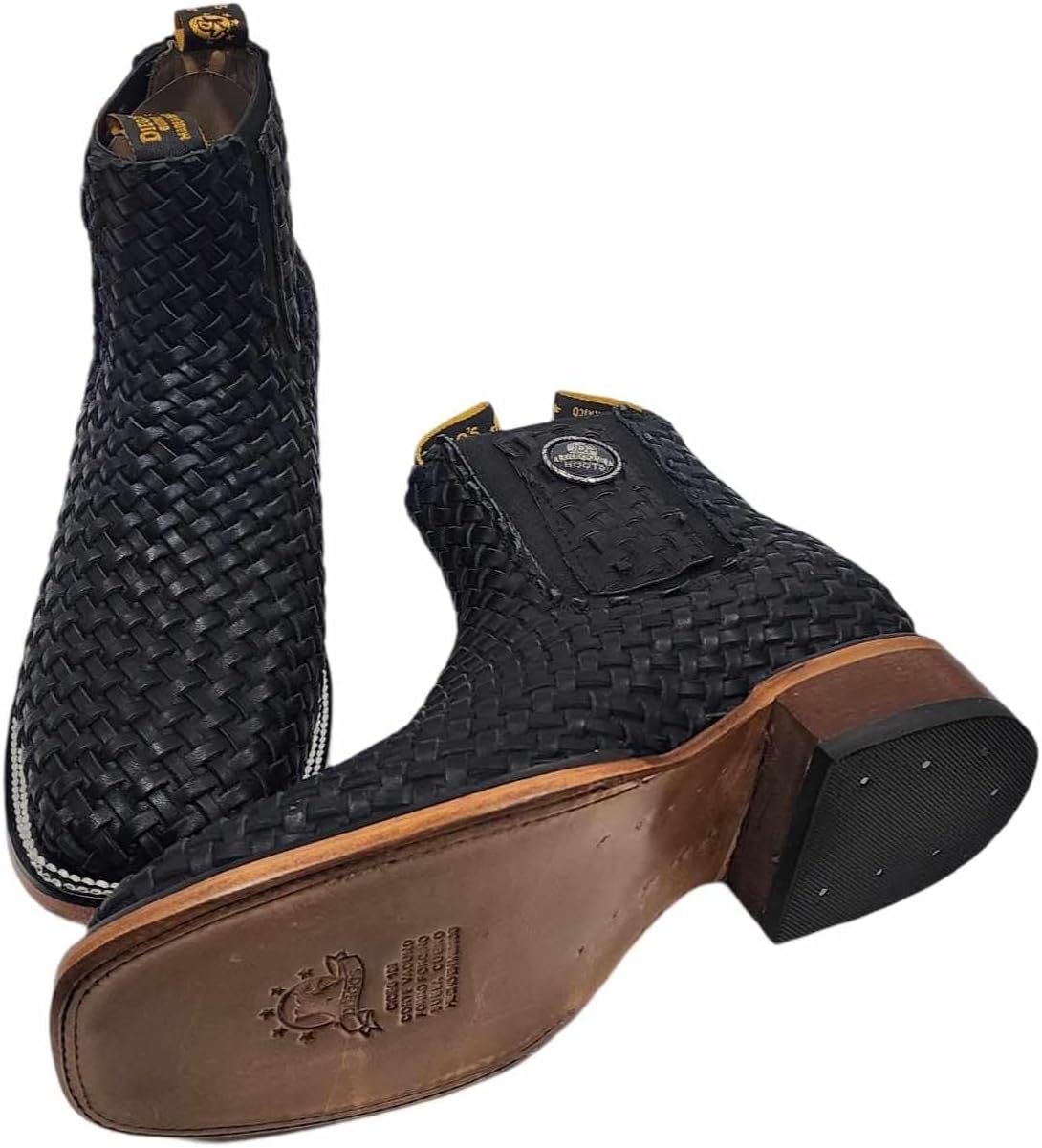 Mens Leather Cowboy Western Hand Woven Braided Square Toe half boots Chelsea Botin Vaquero Petatillo Tejidos