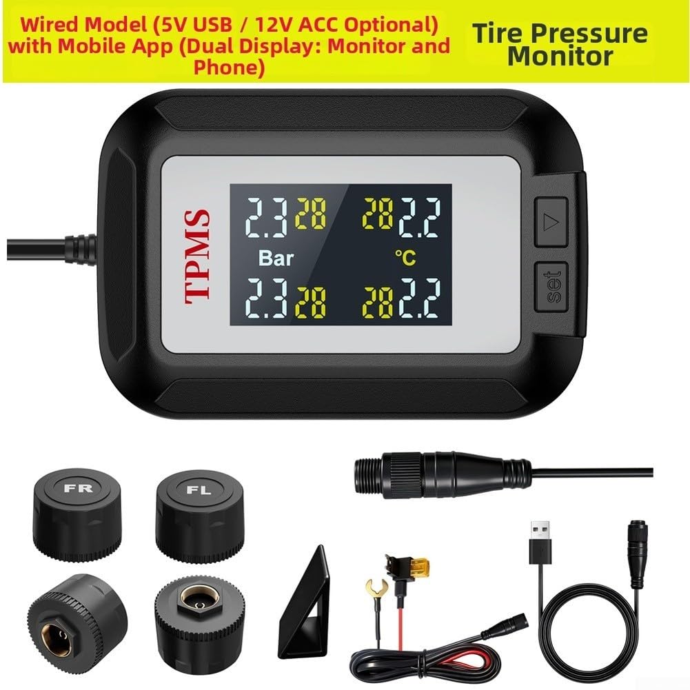 Manometro digitale TPMS senza fili con app di controllo mobile per moto, camion, camper, spegnimento automatico, monitoraggio della temperatura, grande schermo LCD, alimentazione 12 V