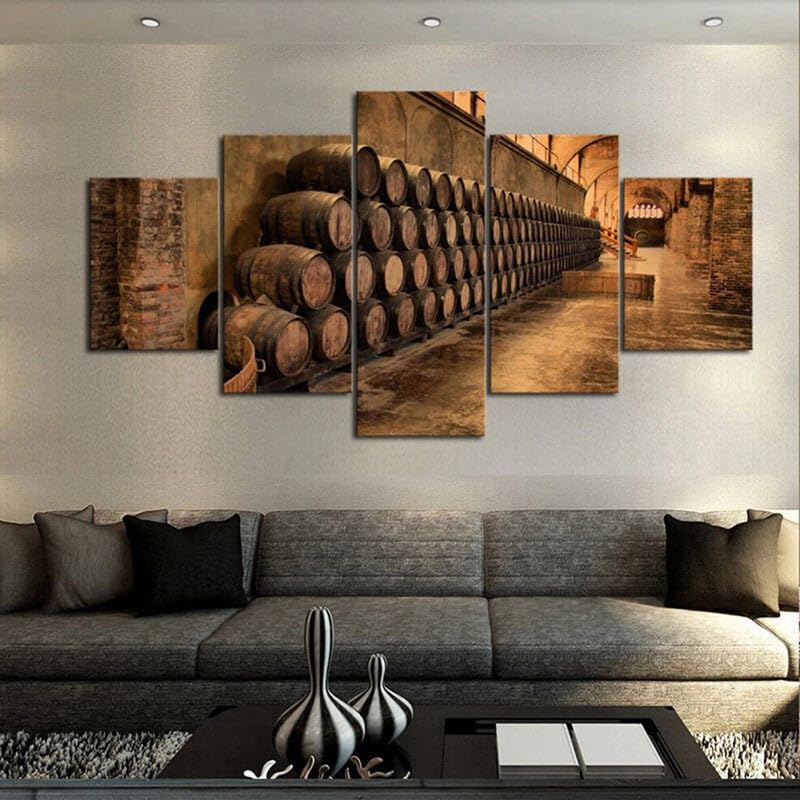 TTianm Barriles de bodega, viñedo, lienzoCuadro en lienzo 5 paneles Decoración mural Dormitorio Sala Póster enmarcado