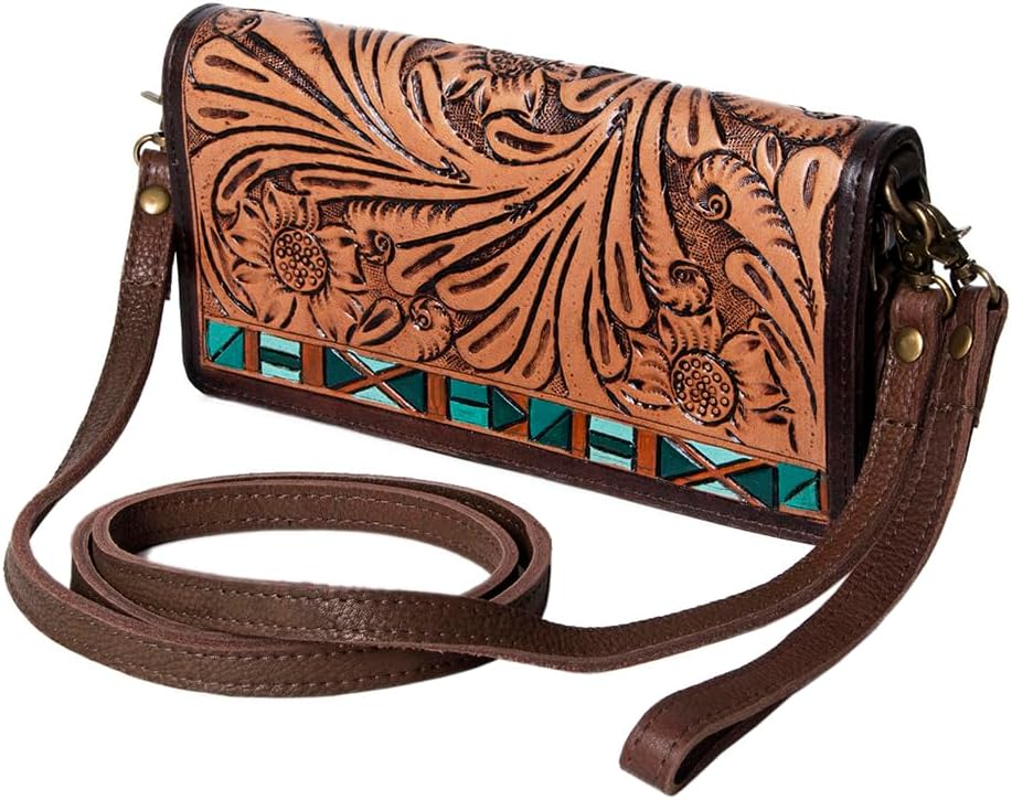 American Darling Organiser Bag, Hand Tooled Floral Carved Leather, Vegetable Tanned Full Grain, 4in (H) X 8in (W) X 1.5in (D)