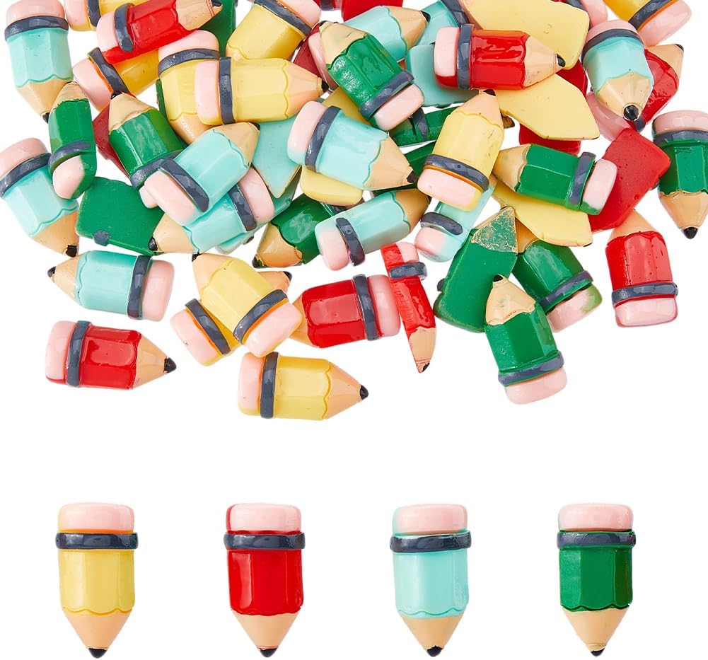 60Pcs Back to School Colorful Resin Cabochons Mini Teacher Resin Charm Resin Cute Crayon Cabochons Mini Pencil Teacher Slim Charm for Scrapbooking Hair Clips DIY Crafts