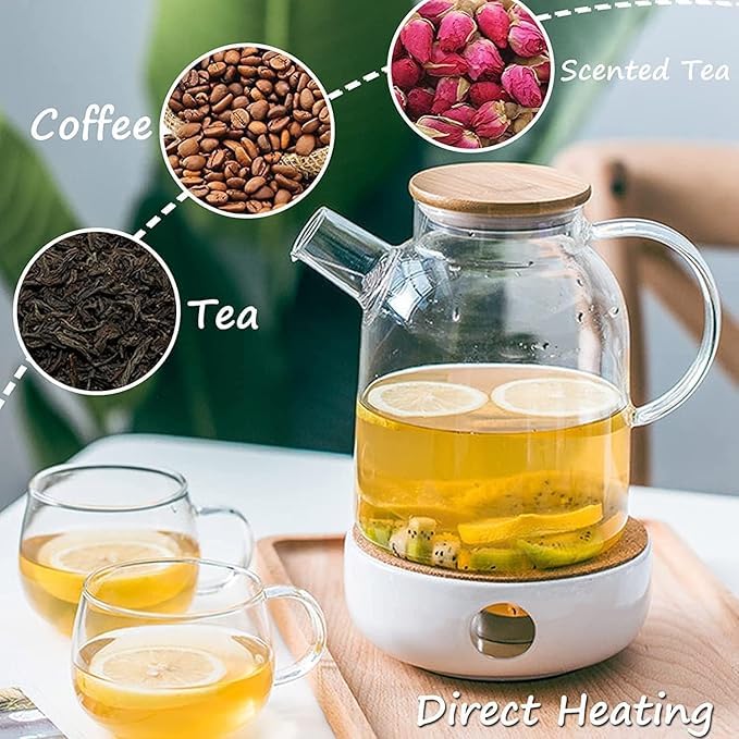 Image of PrimeWorld Glass Teapot with Removable Filter & Bamboo Lid - 1500ml | Fruit Infused Water Jar with Handle | Stovetop & Microwave Safe Tea Kettle for Blooming & Loose Leaf Tea