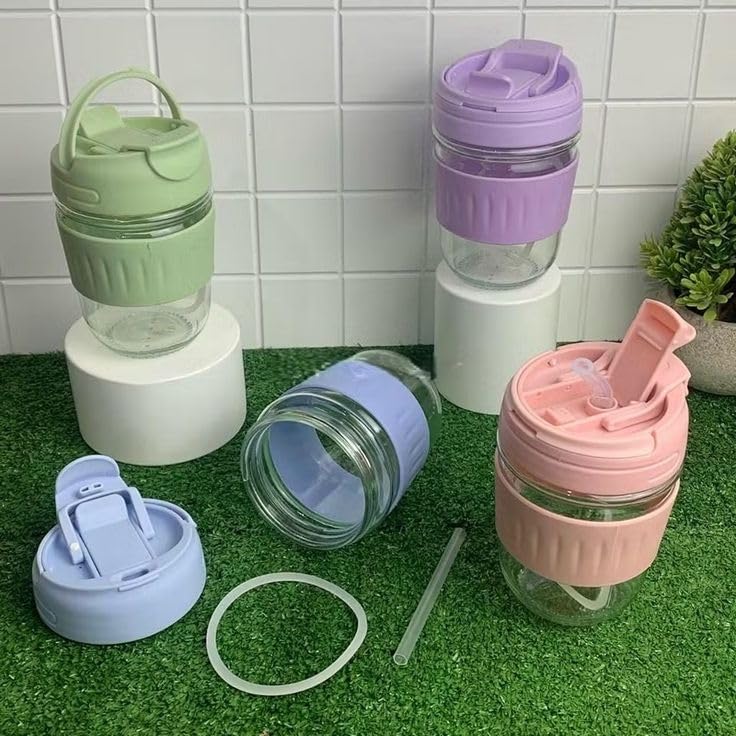 Image of criterion 350ml Reusable Glass Coffee Mug with Straw - 2-in-1 Leakproof Lid, Anti-Slip Grip - Sipper Tumbler for Home, Office, Car - Set of 1