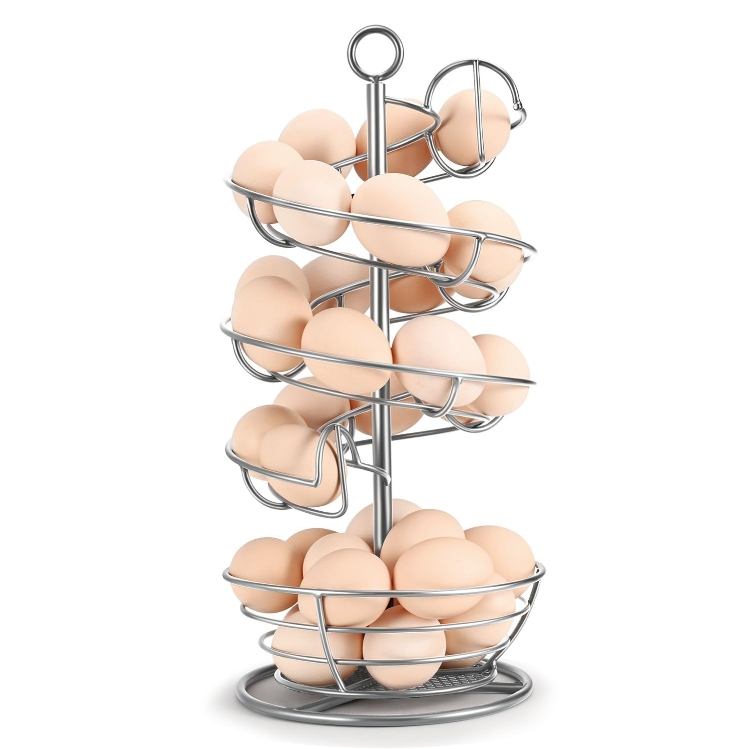 Flexzion Silver Spiral Egg Rack For Fresh Eggs - Sturdy Metal Egg Skelter Countertop Egg Holder With Bottom Basket And 360-Degree Rotatable Middle Pole Up To 36-Egg Capacity, Egg Storage Rack Solution
