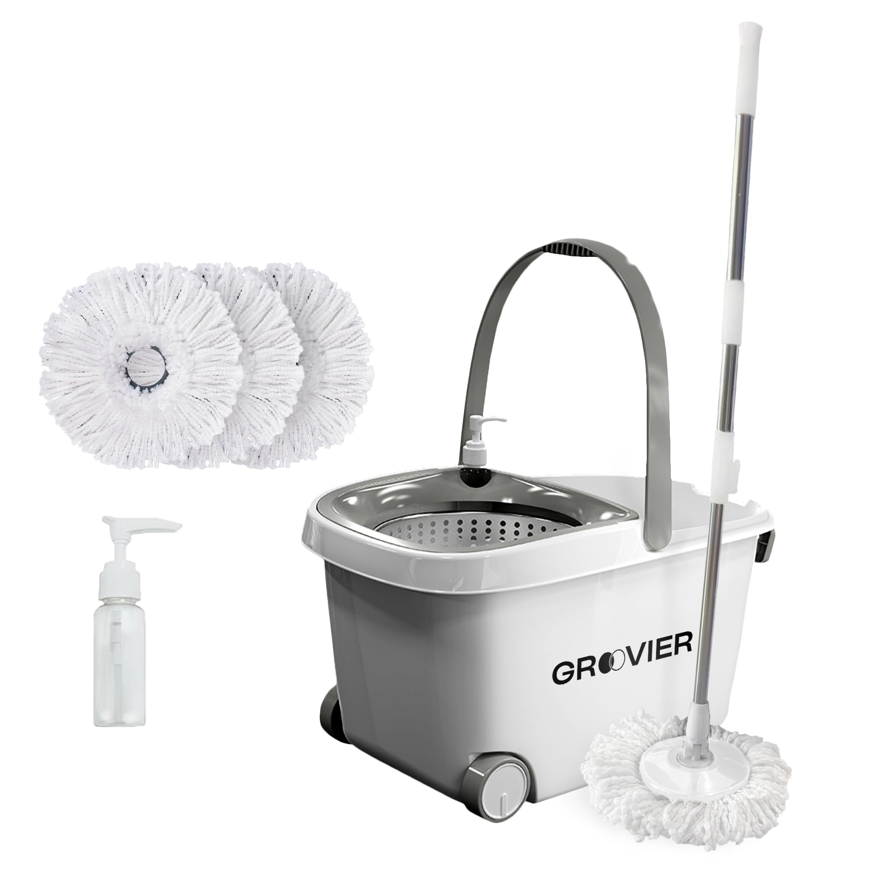 GroovierSpin Mop and Bucket with Wringer Set 3 Microfiber Mop Refill 360° Spinning Floor Mop Bucket on Wheels for Fast Cleaning 125cm Extended Handle