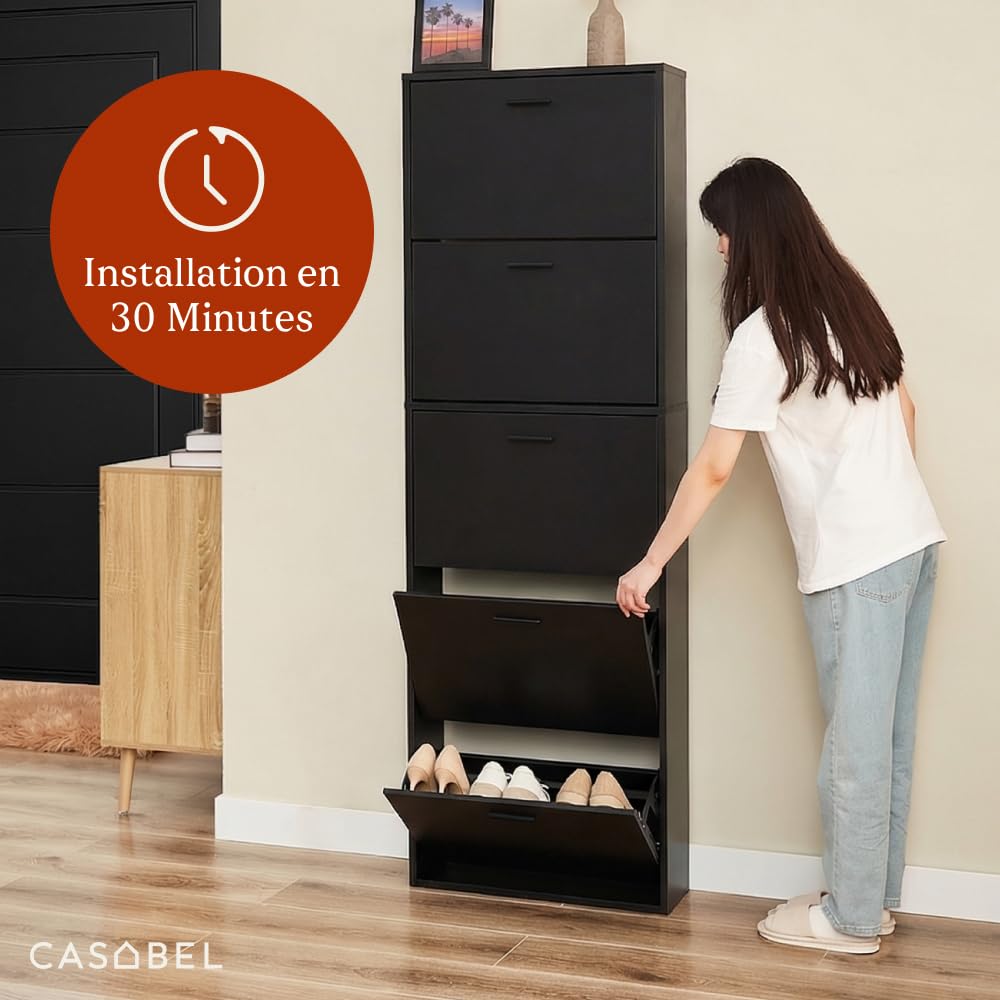 CASABEL Meuble à Chaussures 15 Paires, Portes et Cadre Noir | Rangement chaussures, 5 Abattants, Compartiments rabattables, Format étroit, Gain de place, Design moderne, Montage facile