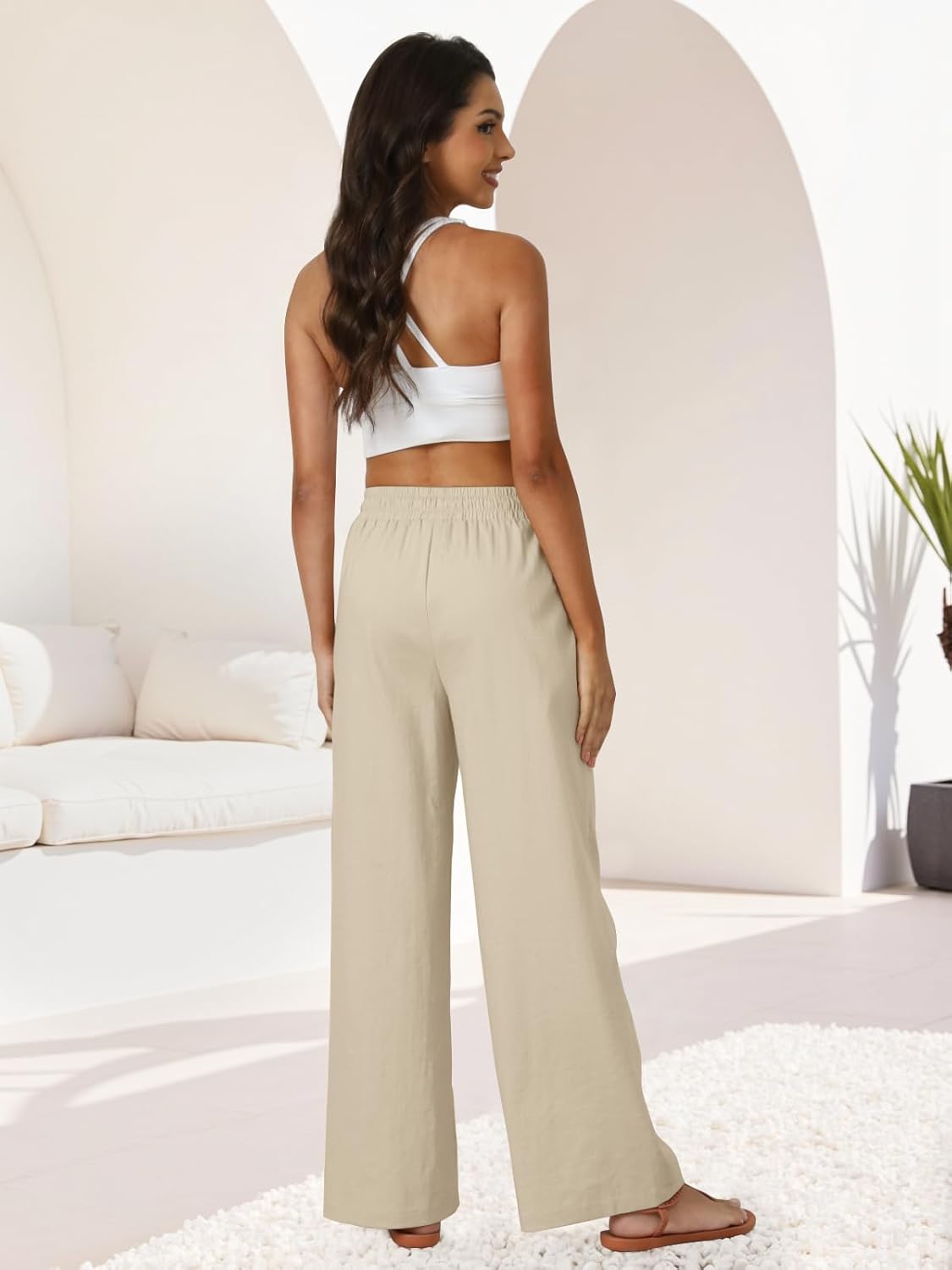 FireSwan Womens Palazzo Pants Casual Drawstring Flowy Pants Wide Leg Summer Beach Linen Trousers with Pockets - Image 4