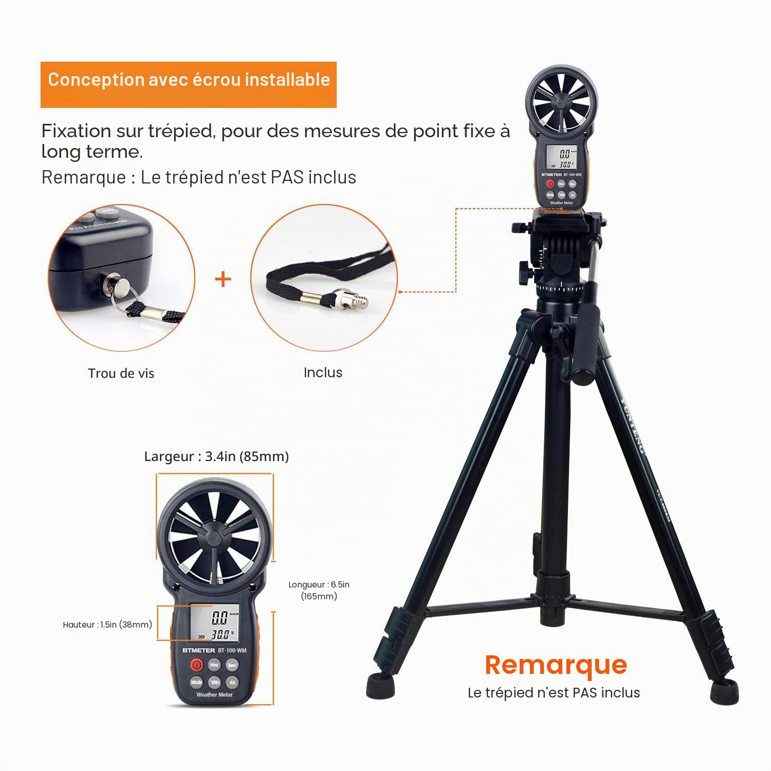 BTMETER Anémomètre Numérique Baromètre Portable, BT-100WM CFM Wind Speed Meter pour la vitesse du vent, la température, le test de refroidissement éolien avec humidité, altitude, drone d'escalade