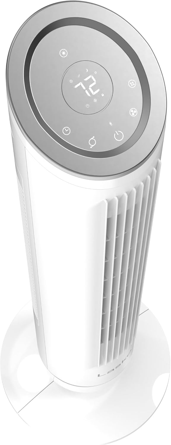 Lasko Ascend 36” Tower Fan for Home, 29 ft/s Airflow, Quiet 29 dBA, 90° Oscillation, Standing Fan for Bedroom, 12 Hour Timer, 4-Speeds, Filter for Hair & Dust, Child Lock, Remote, White, OST105