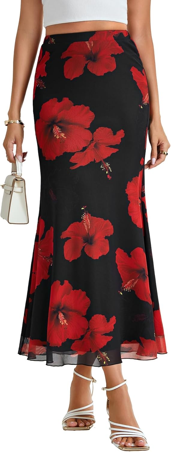 KIFOVEN Women's Mesh Floral Print High Wasit A-Line Hem Slim Fit Long Skirt
