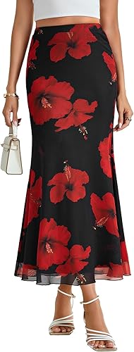 KIFOVEN Women's Mesh Floral Print High Wasit A-Line Hem Slim Fit Long Skirt Red 