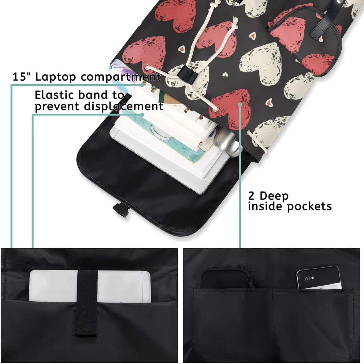 Love Heart Prints Waterproof Laptop Backpack for Men Women Vintage Style Backpack Large Storage Carry on Backpack for Travel & Work Fits 15-inch Notebook