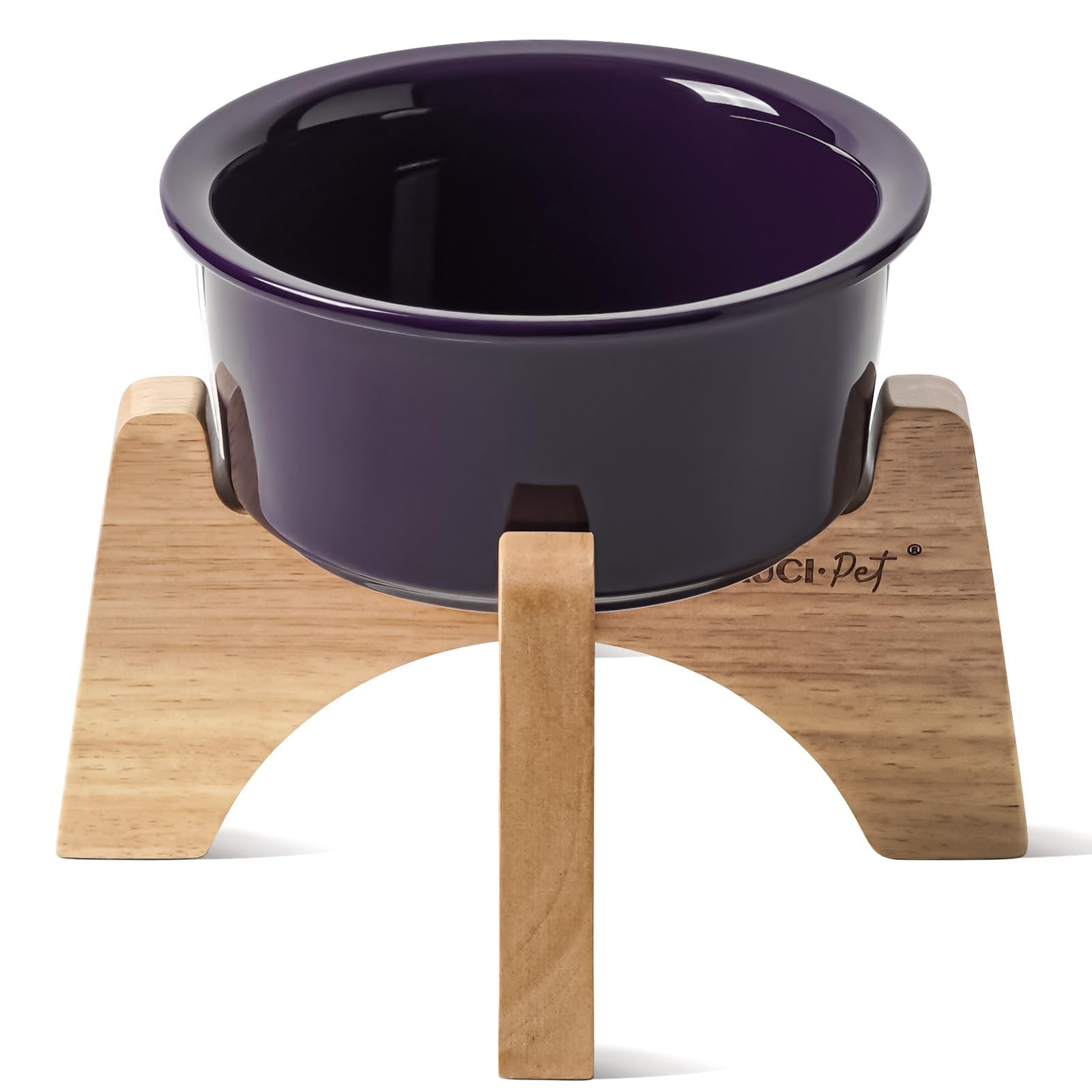 Raised Dog Bowl, 6.5 inch Elevated Dog Bowl Stand, Ceramic Dog Food Bowl with Wooden Stand, Dog Feeder for Small and Medium Breed, Set of 1, Purple