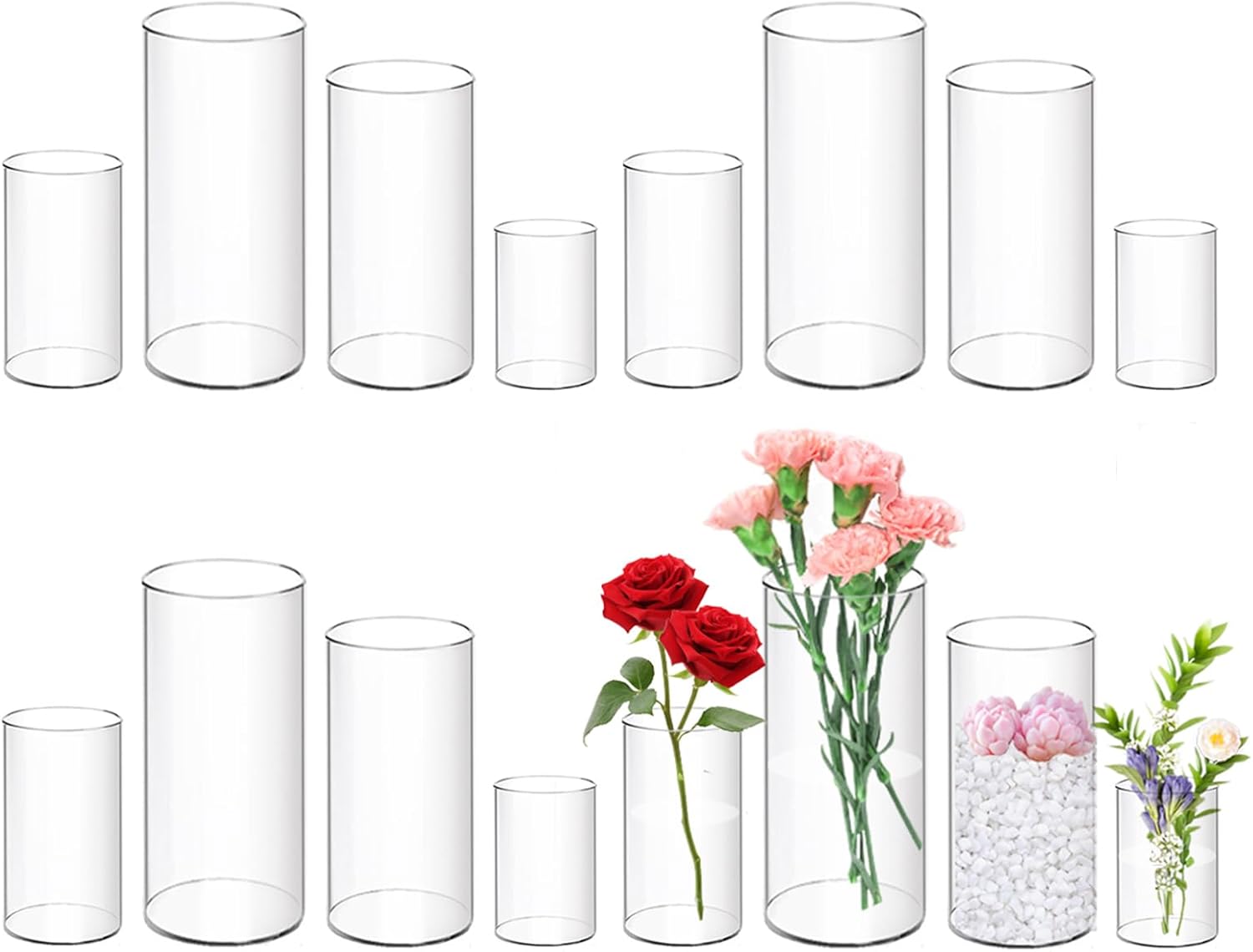 12 Pack Plastic Cylinder Vases, 4 6 8 10 Inch Tall Acrylic Cylinder Clear Flower Vase Set Bulk Glass Like Large Round Plastic Vases for Centerpiece Wedding Home Office (12)