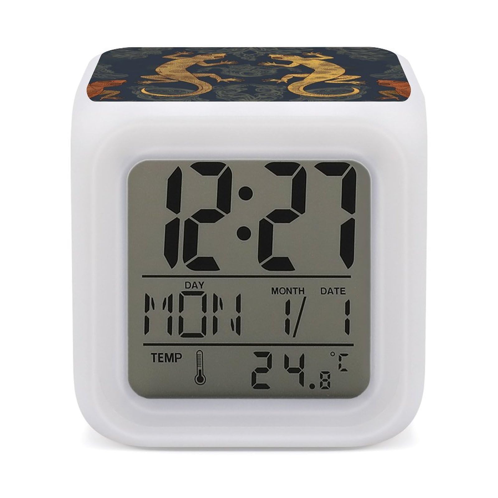 Reloj digital de moda con diseño de gecko, termómetro ambiente y lámpara táctil multicolor