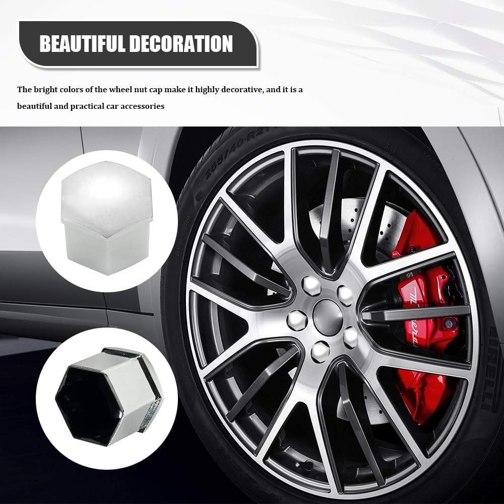 20PCS Lug Nut Covers, Wheel Nut Cap, 17 mm Hexagonal Plastic Tire Bolt Covers with Removal Tool Set, Car Accessories Waterproof Dustproof Tire Screw Caps Universal for Most Cars (Silver, 17mm)