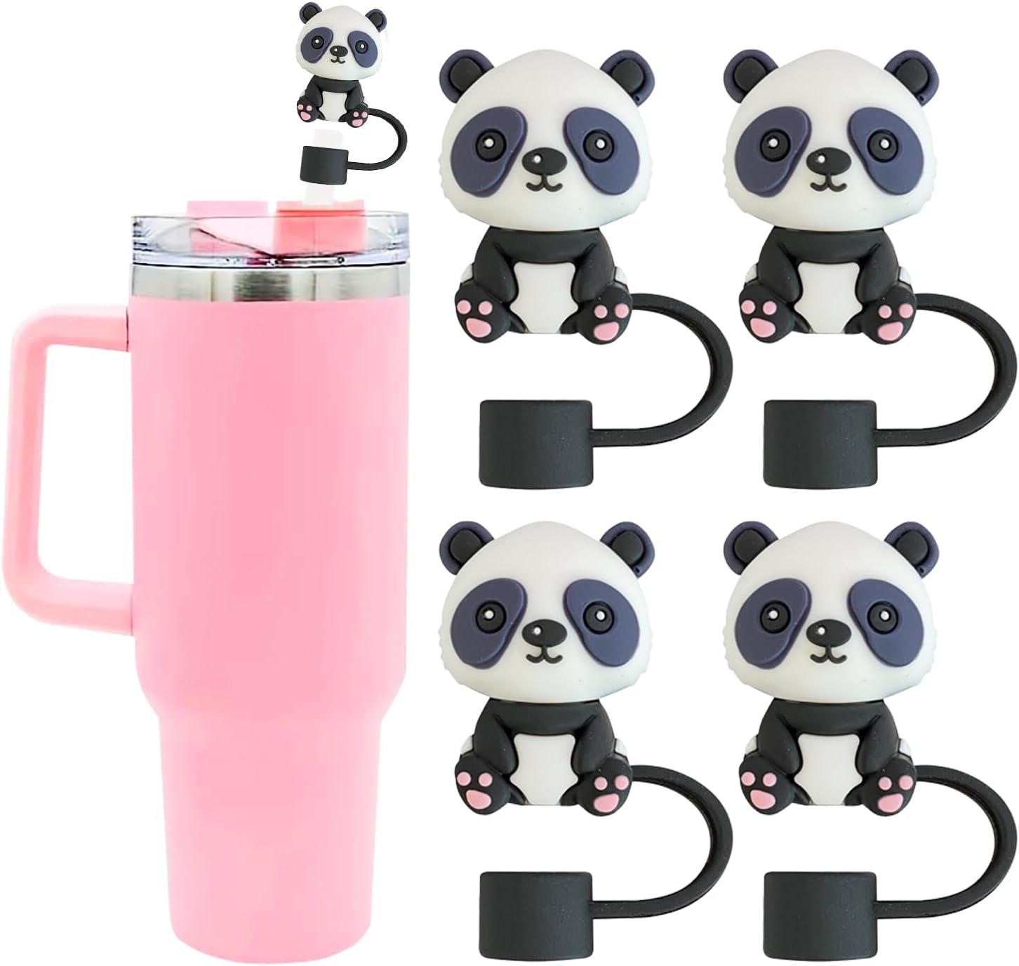 4 Pcs Cute Panda Straw Covers Cap for Stanley, 10mm Silicone Straw Covers, Splash Proof Topper