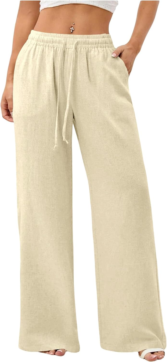 RoseSeek Women's Straight Wide Leg Linen Pants Drawstring High Waisted Casual Long Trousers with Pockets