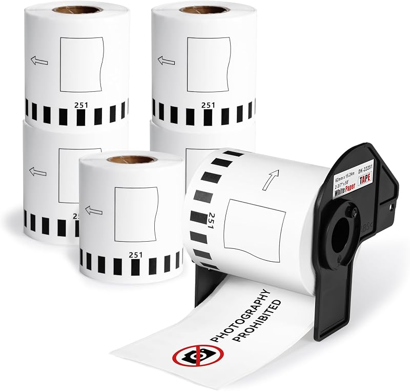 6 Rolls DK-2251 Replace for Brother DK2251 (2-3/7" x 50') Black/Red | Continuous Length Labels White Paper Tape, 2.4in x 50ft, Compatible with Brother QL-800, QL-810W, QL-820NWB Printers