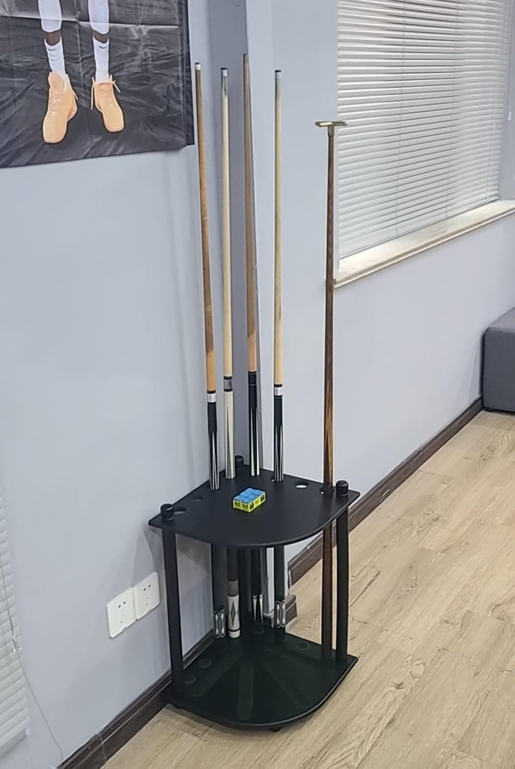 Black Wooden Corner Floor Standing Pool Cue Rack – Holds 8 Billiard Cues, Modern Game Room Organizer