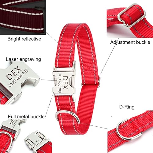 Miniatura 2 de Collar reflectante personalizado para perro, placa de identificación grabada gratis, hebilla de metal suave de nailon completo, collares ajustables