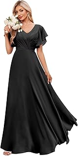 Flutter Sleeves Chiffon Bridesmaid Dresses Long with Pockets A-Line V Neck Formal Wedding Guest Dresses for Women - Buy now