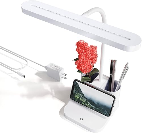 AXX Lámpara de escritorio blanca para dormitorio universitario, bonita, LED, regulable, pequeña, soporte para bolígrafos, cuello de cisne flexible,