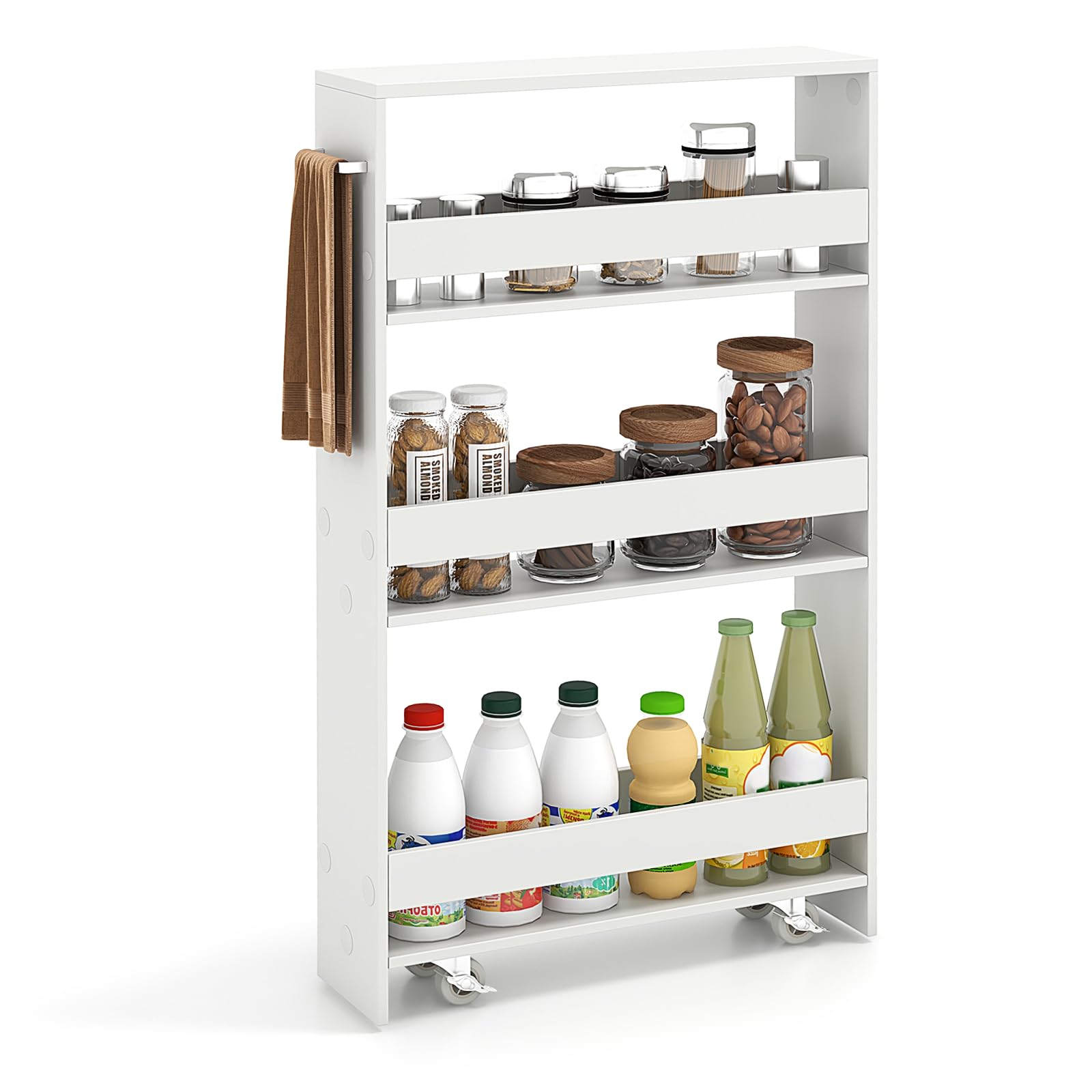 KOMFOTTEU Carrito de Cocina de 4 Niveles, Carro Auxiliar Estrecho con Ruedas, Estante Nicho con Asa, Mueble de Almacenaje Ahorra Espacio para Cocina, Baño, Oficina, 47,5x13x80,5cm (Blanco)