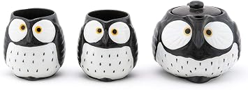 Happy Sales HSTS-OWLBLK, Japanese Style Ceramic Tea Pot with Strainer and 2 Cups Tea Set, Black Owl
