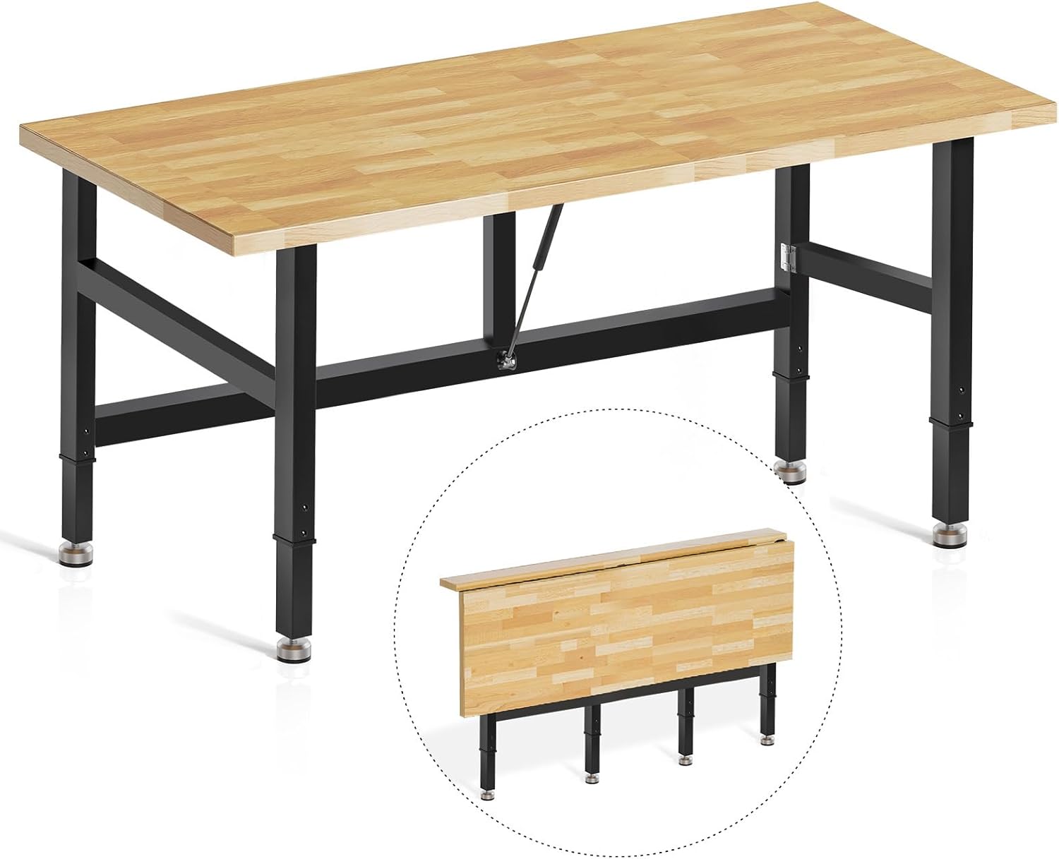 48”Folding Workbench, 2000 LBS Capacity Heavy Duty Workbench, Height Adjustable Foldable Work Table, Rubberwood Collapsible Desk for Workshop, Garage, Office, Home