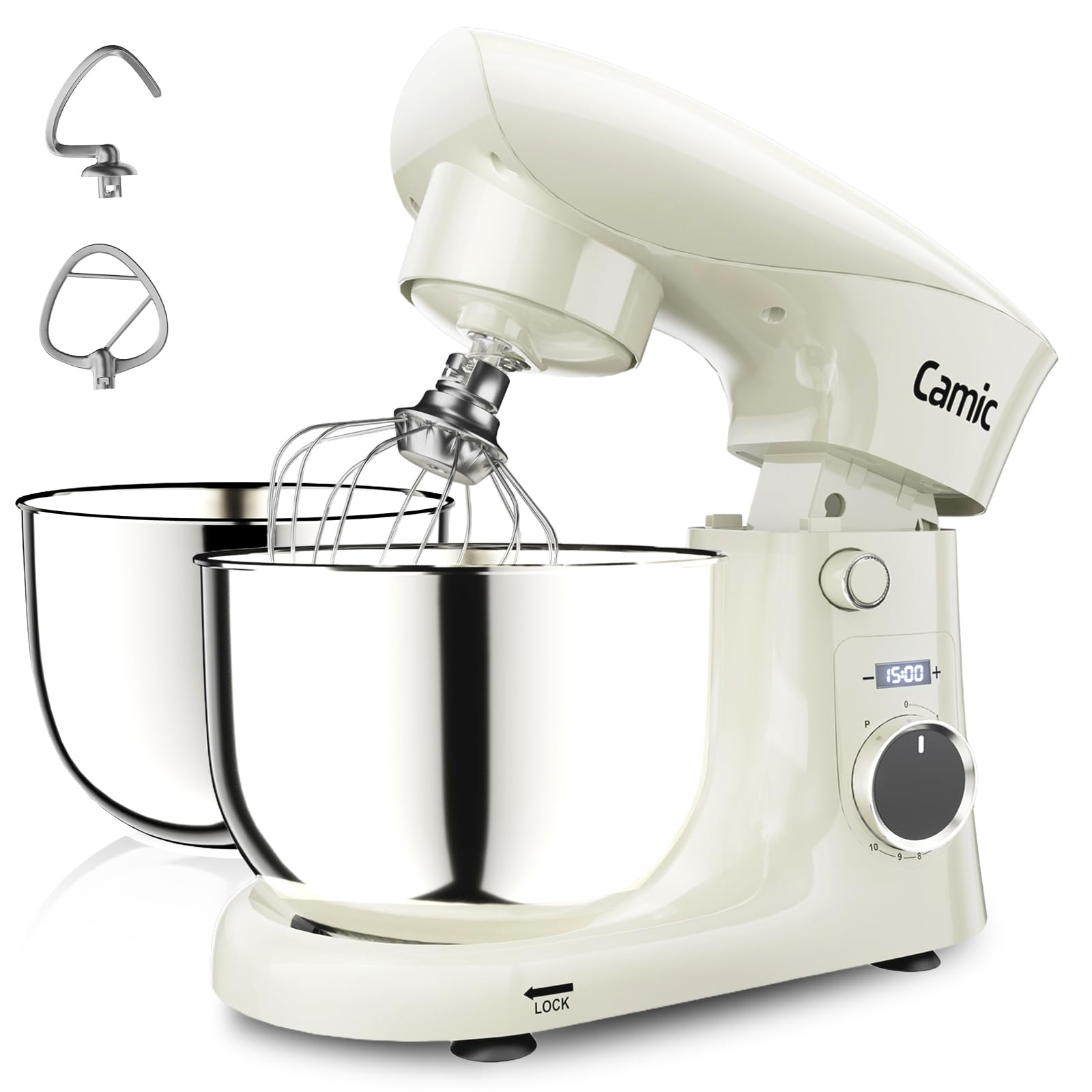 Camic Robot Pâtissier avec 3 Accessoires (Pétrissage, Mélange, Fouet), Robot Patissier avec écran LED, Minuterie, 10 Vitesses, 2 Bols en Acier Inoxydable (4 L + 5 L), pour Pâte, Pain, Pizza, Pâteaux