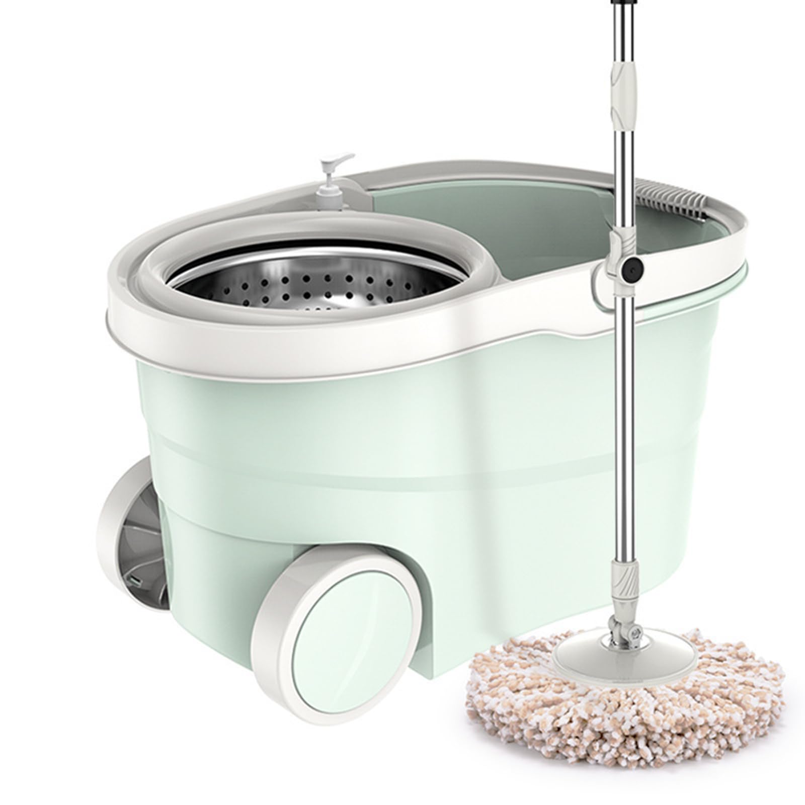 Juego de fregona y Cubo de Acero Inoxidable, fregona giratoria de 360° con escurridor, Cabezales de Microfibra superabsorbentes y Mango para la Limpieza de Suelos.