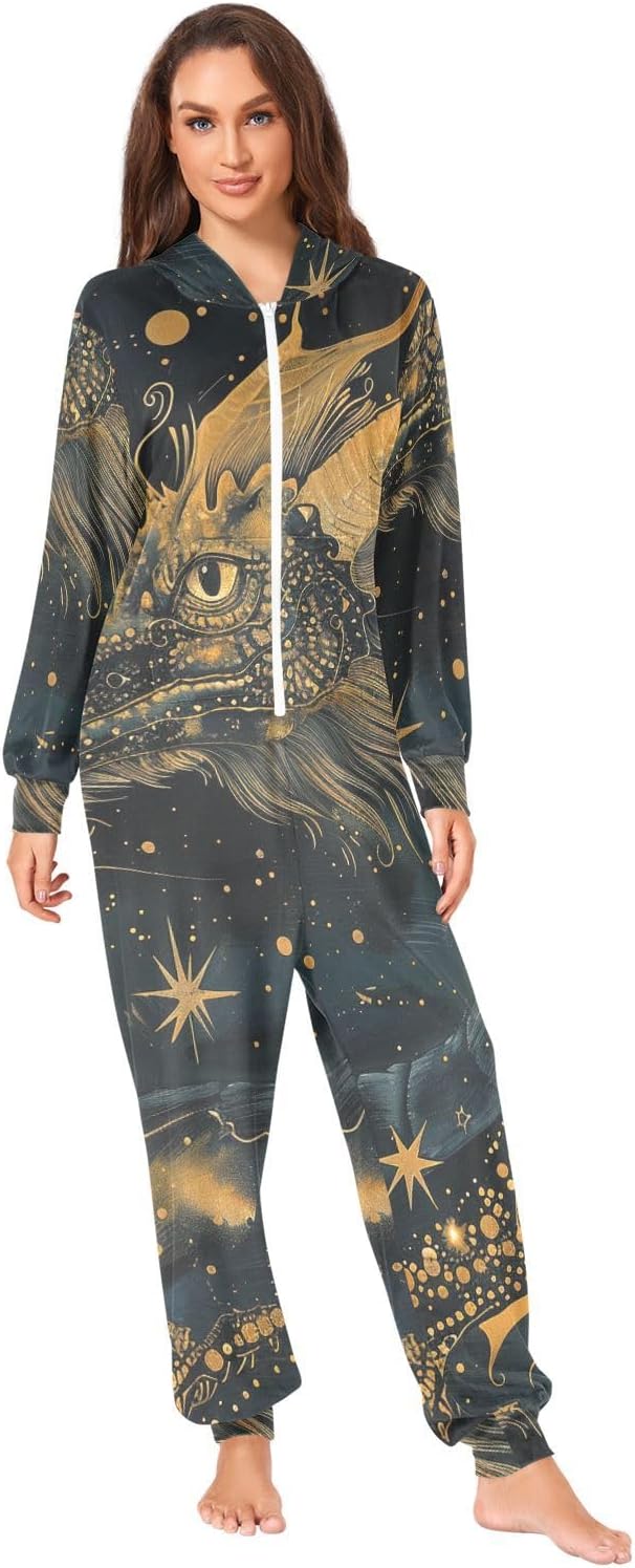 Dragon Mythical Night Stars Zipper Hooded Adult Jumpsuit Pajamas with Pockets XS-3XL