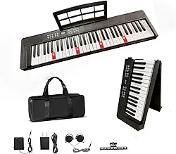 VEDO Piano Digital Dobrável 61 Teclas com Teclas Iluminadas Semi-Ponderadas e Bluetooth MIDI - Teclado Portátil Recarregável para Iniciantes, Adolescentes e Adultos, Inclui Bolsa, Suporte, Pedal