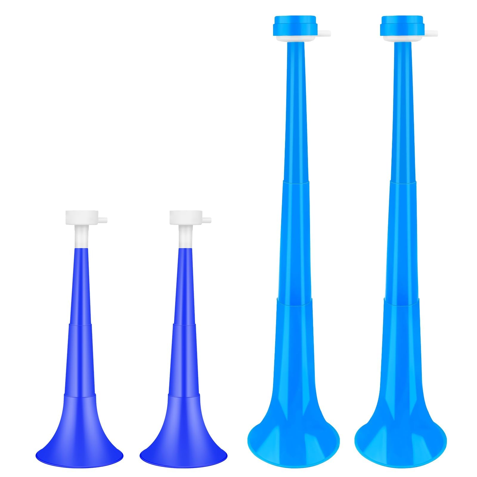 Denylo pro 4 Pcs Collapsible Stadium Horn Set NoiseMaker Vuvuzela Plastic Trumpet Horn Set Blue Soccer Horn Blow Horn Noisemakers for Sporting EventsParty Supplies
