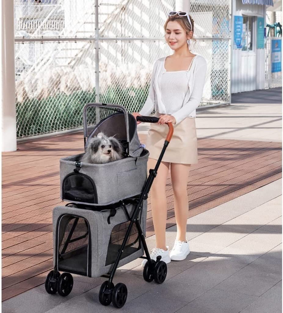 Dwuwarstwowe Wózki Dla Zwierząt Wózek Dziecięcy Oddychające Nosidełko Podróżne Wózek Spacerowy Dla 2 Psów/kotów Świetny Dla Bliźniaków Lub Wielu (Color : Grey a)
