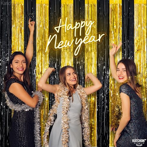 Image of KatchOn, Xtralarge Black and Gold Streamers - 8x3.2 Feet, Pack of 2 | Black and Gold Fringe Curtain for Birthday Party, Tinsel Curtain Backdrop for Graduation Decorations 2026 | Prom Decorations 2026