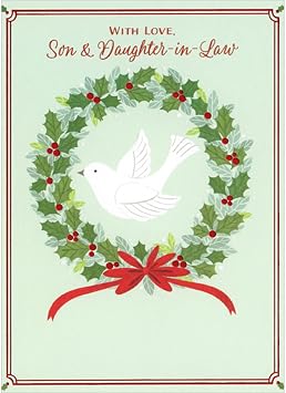 Designer Greetings Dove Inside Wreath with Red Foil Berries and Red Foil Border Religious Christmas Card for Son and Daughter-in-Law