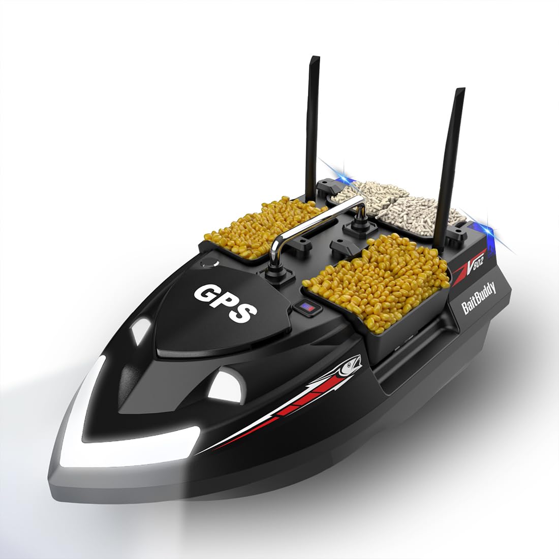 Barco de pesca con cebo, V802PRO, lancha rápida RC de alta eficiencia con 4 tolvas para cebo, capacidad de 3 kg, posicionamiento GPS, 160 puntos de cebo, control remoto de 500 m, batería dual, luces