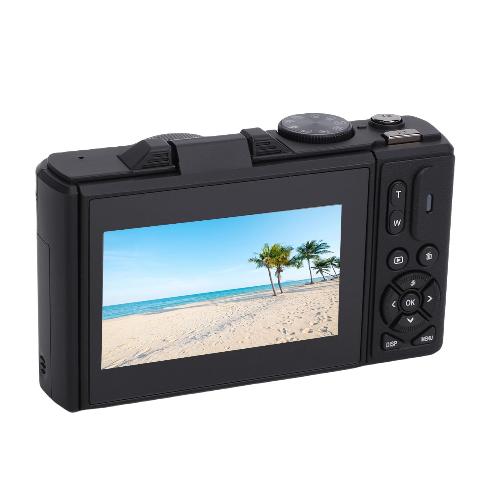 Jectse Fotocamera Digitale, 5K 75MP Anti-Shake Point And Shoot Camera con Schermo Flip da 3 Pollici a 180°, Piccola Fotocamera da Viaggio Compatta Flash Integrato per Bambini (Black)