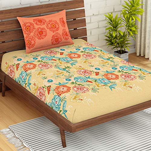 Image of Spaces Atrium Plus 210 TC 100% Cotton Single Bedsheet with 1 Pillow Cover (Floral, 60 inch X 88 inch Inches) - Beige
