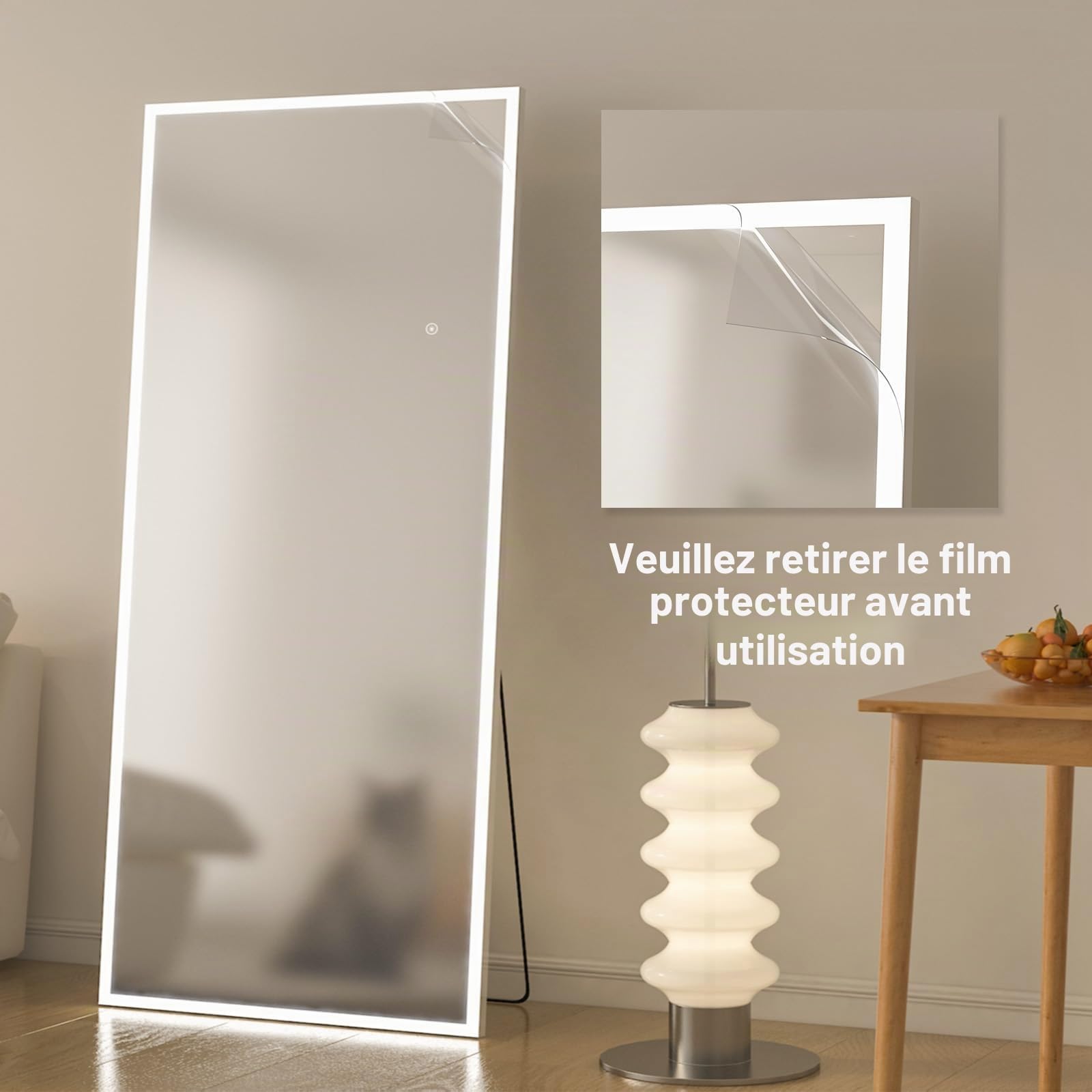Calissando Miroir sur Pied Pleine Longueur avec Lumière LED 165 x 61 cm Blanc