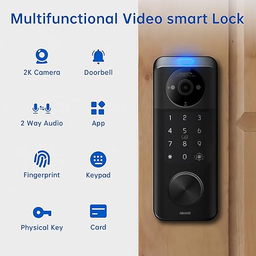 Miniatura 2 de Cerradura inteligente de video con cámara y Doortfell, cerradura de puerta de entrada sin llave 6 en 1 con huella digital, impermeable IP65, control