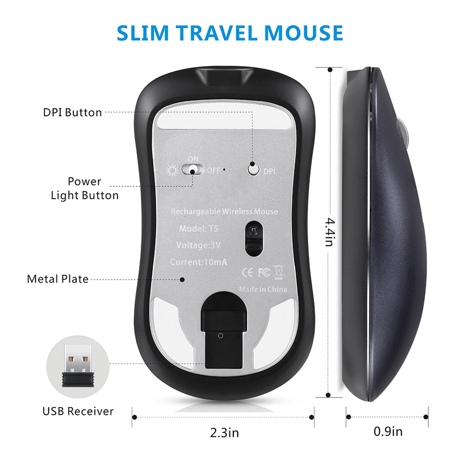 Ładowana mysz bezprzewodowa, mysz komputerowa jest cicha, nadaje się do komputera notebooka PC 2,4 GHz mini USB ergonomiczna bezgłośna mysz 2,4 GHz USB srebrna