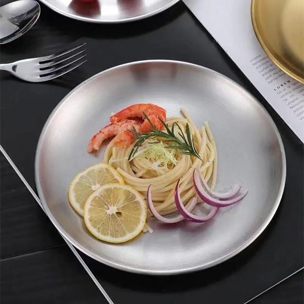 3 Pezzi Piatti Rotonde in Acciaio Inox 20 cm Vassoio Portaoggetti in Metallo Decorativo Rotondo Piastra per Cucina, Sala da Pranzo, Campeggio, Feste