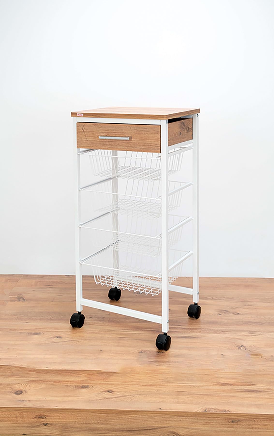 Duett Carrito Verdulero de Cuatro Cestas con Cajón de Madera, Color Blanco, 89 cm de Altura, 998172