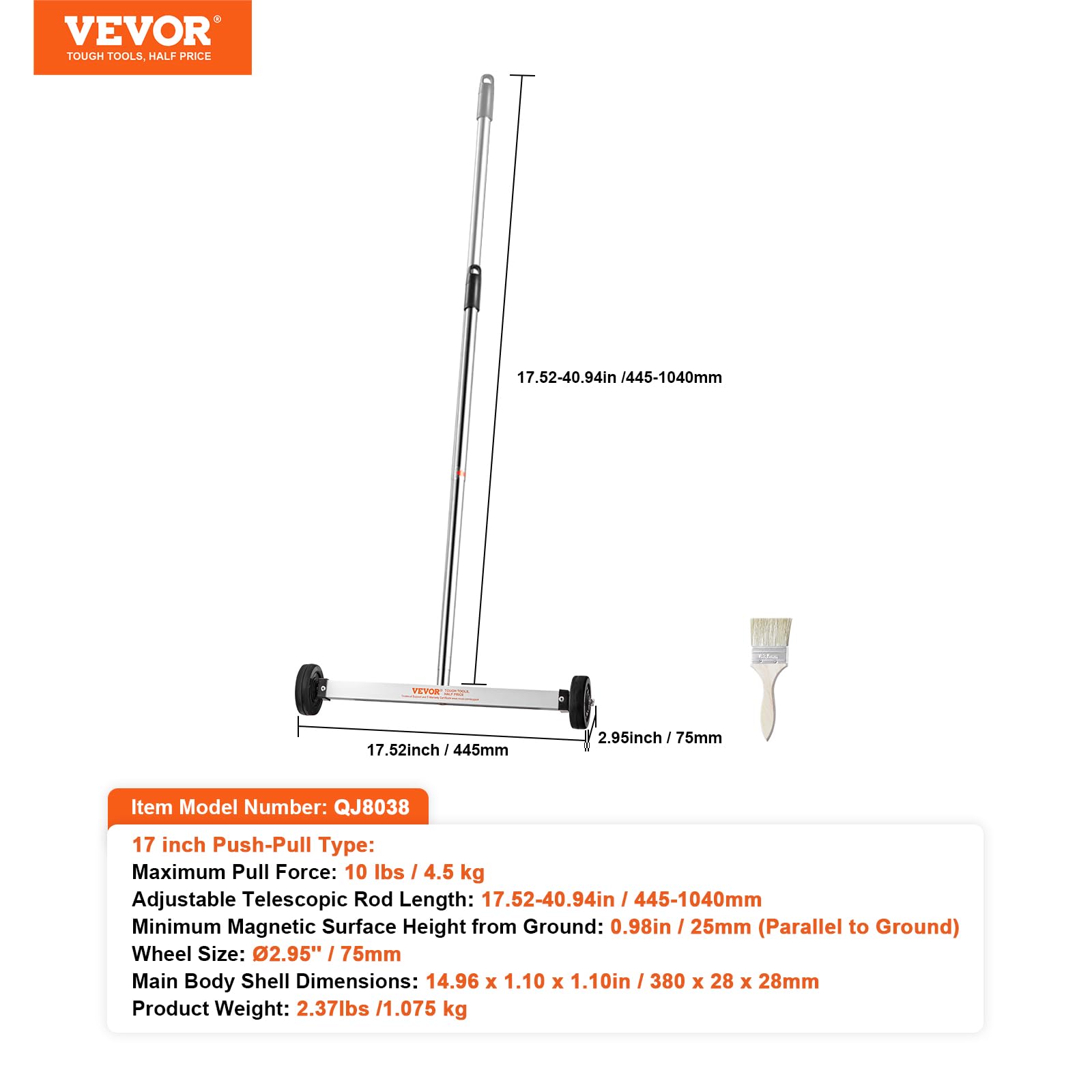 VEVOR Barredora Magnética de 44,5 cm con Ruedas y Mango Ajustable Capacidad de 4,5 kg, Mini Barredora Liviana Magnética para Recoger Clavos y Tornillos Fácil Limpieza del Taller, Garaje, Patio