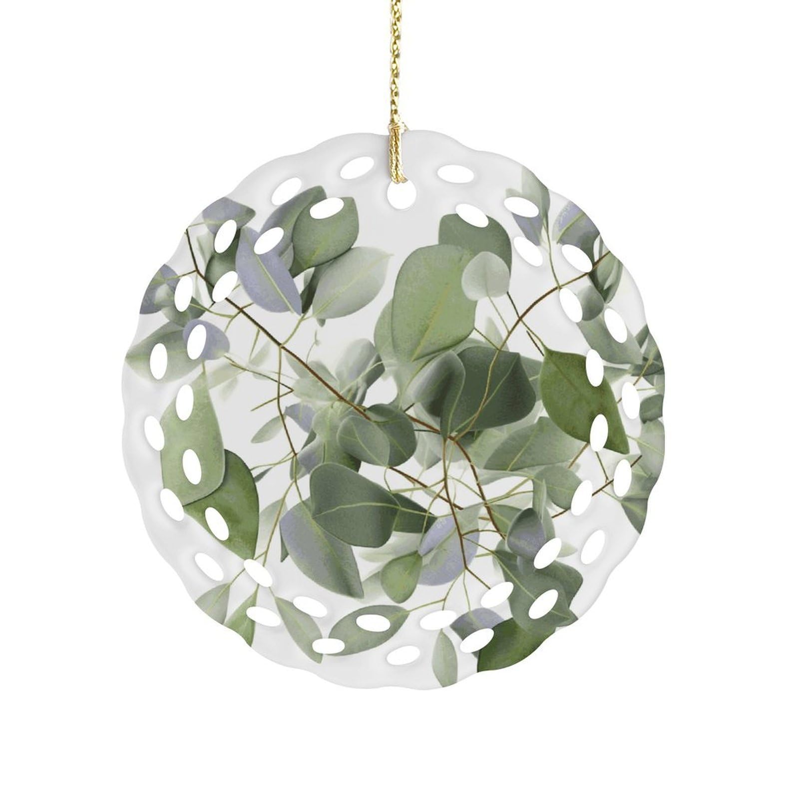 Fekiloot Women's Style Green Eucalyptus Leaves Ceramic Ornaments 3 Inch Round,Holiday Keepsake For ,Girls,Pet Owners,Hanging Ornament Gifts Idea For Home