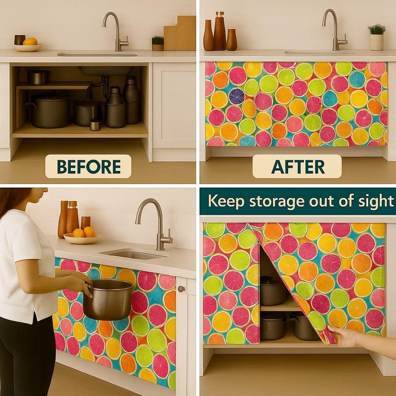 Image of Decorative Sink Curtain for Kitchen | Pack of 2 | 150x70 cm Under-Sink Cover | Printed Fabric Panel with Rod Pocket | Washable Storage-Hiding Curtain for Modern Home Decor (LIMBU)