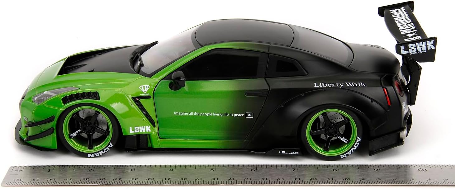Diecast Model Car Compatible for Jada Pink Slips Nissan GT-R R35 Liberty Walk Body Kit, 1:18 Scale Diecast Model Car, Green and Black, Collector Edition